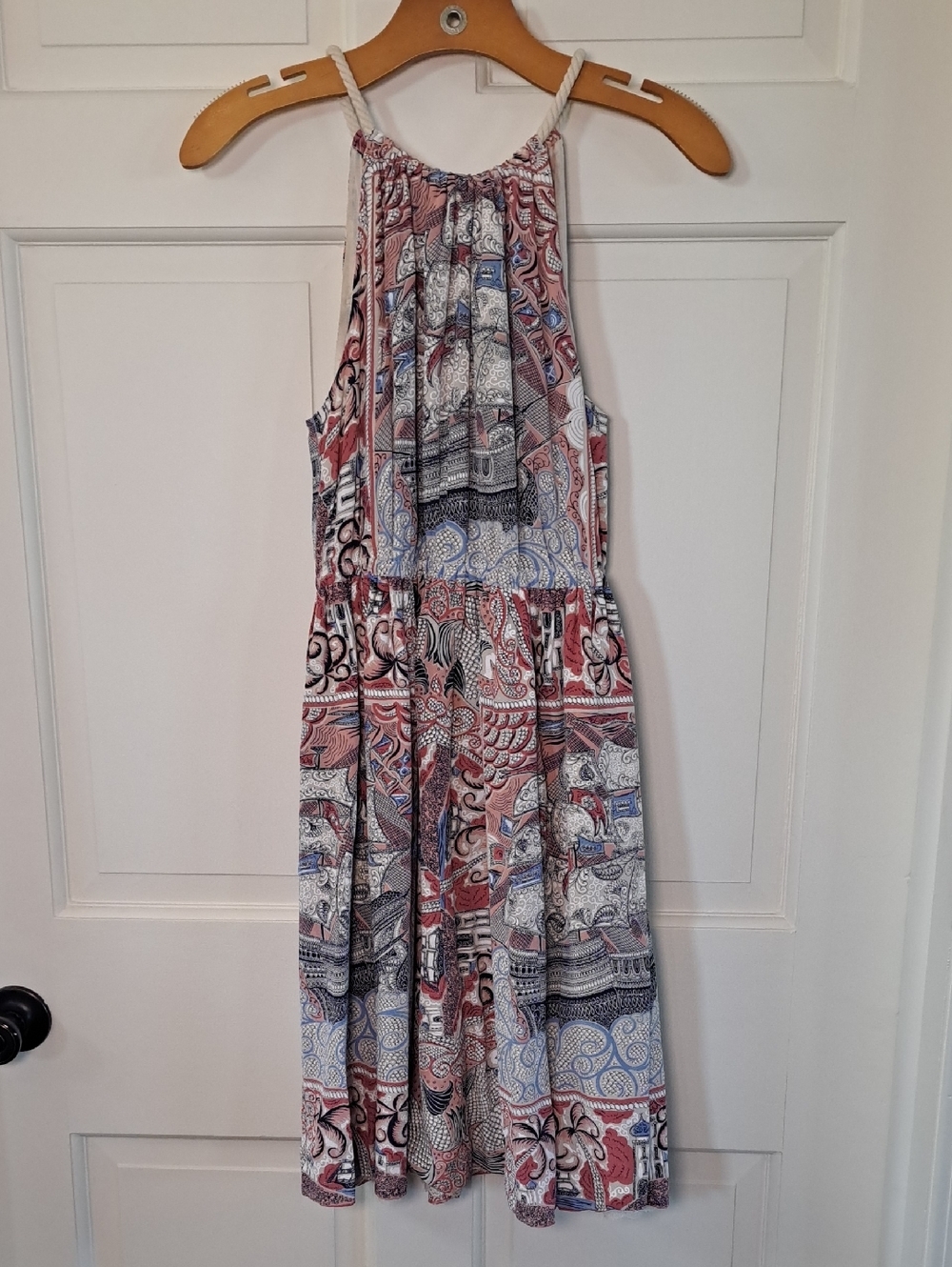 Floreat 100% Silk Anthropologie Print Halter Pockets Nautical Coastal Boho Dress